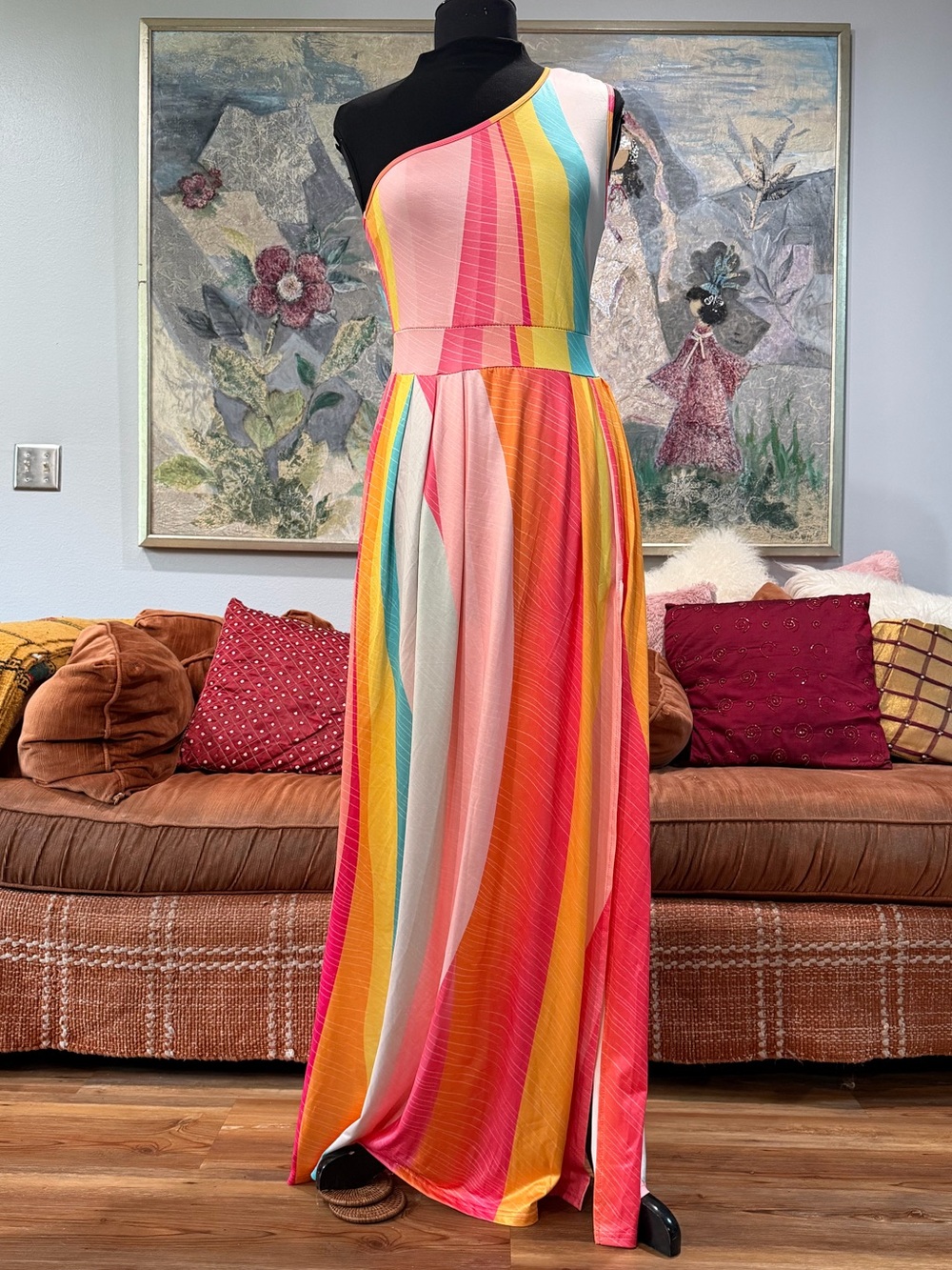 Beautiful chicme One-Shoulder Rainbow Stripe Maxi Dress